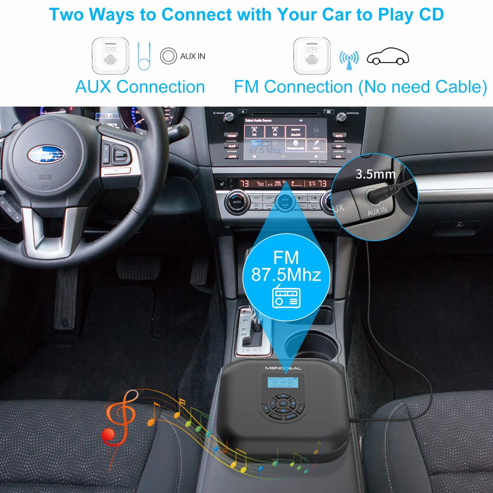 MONODEAL lecteur portable Bluetooth rechargeable avec haut-parleur et émetteur FM CD voiture