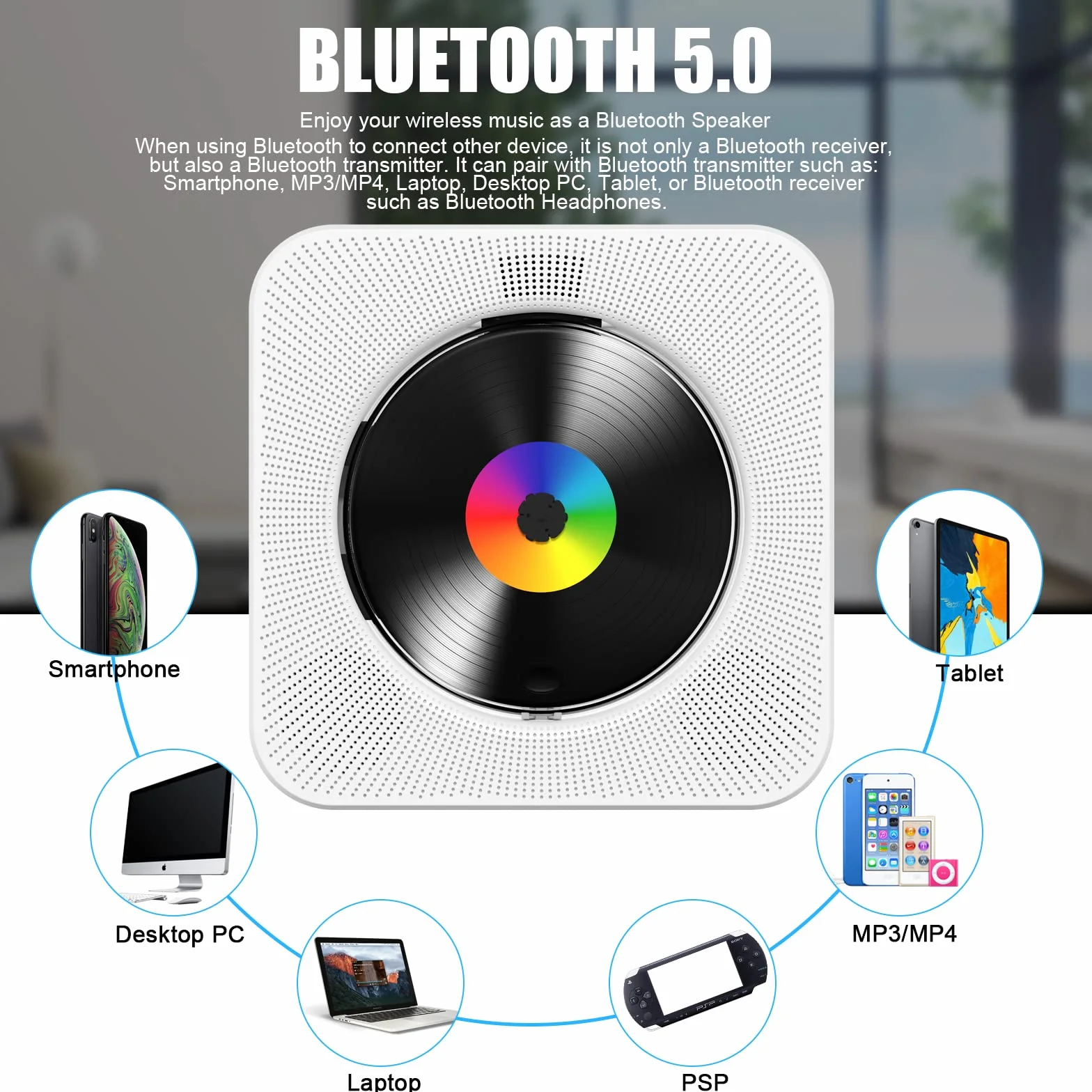 Lecteur CD de Bureau avec Bluetooth Gueray Haut-parleurs HiFi Intégrés Écran LED Radio FM USB Type-c MP3 Blanc