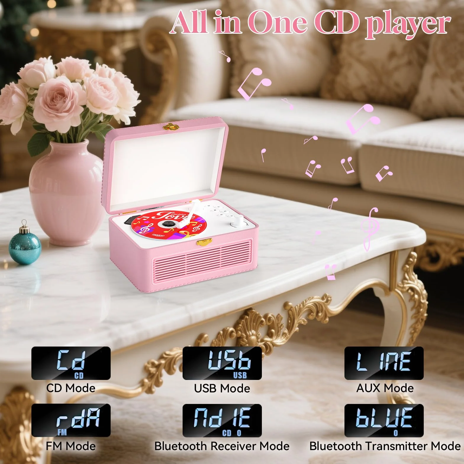Lecteur CD Cuir Portable Bluetooth 3600mAh Rechargeable avec Haut-Parleurs, Support USB AUX, Télécommande, Design Valise Rétro Rose