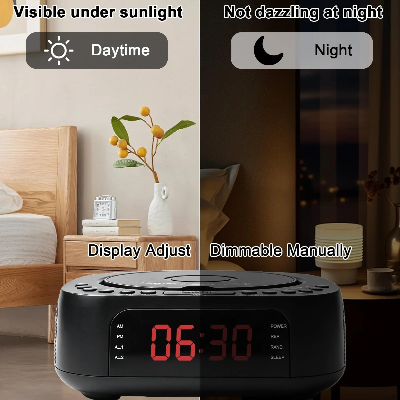 Lecteur CD portable Bluetooth radio FM MP3 double haut-parleur stéréo réveil SleepTimer rechargeable USB AUX grand écran télécommande noir