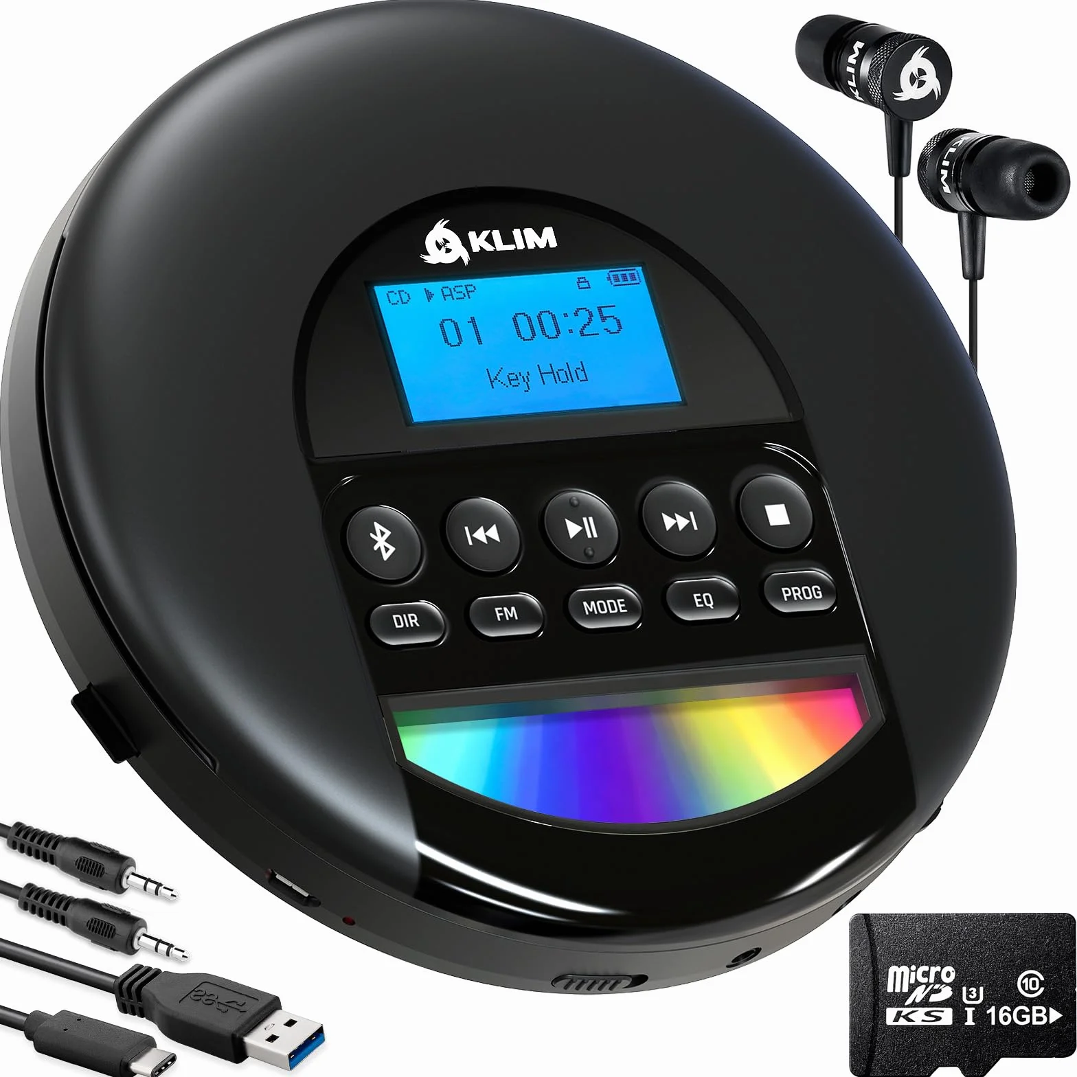 KLIM Nomad Lecteur CD Portable Bluetooth avec Batterie Intégrée, Compatible CD-R/CD-RW/MP3, Noir