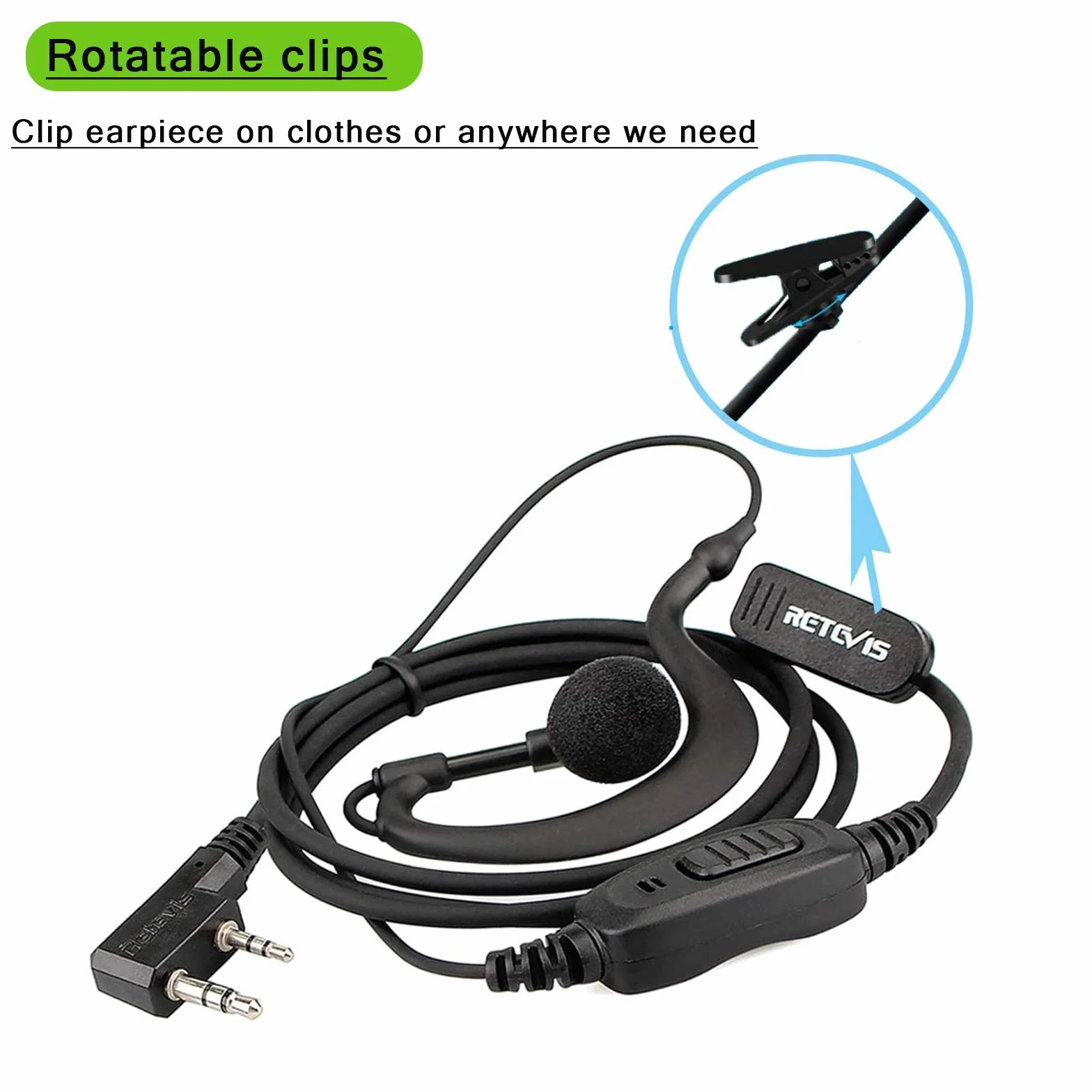 Retevis RE3120 Oreillette Talkie Walkie Type C 2 Broches Casque Compatible RT24 RT27 RT22 BaoFeng BF-888S Kenwood 10 Pièces