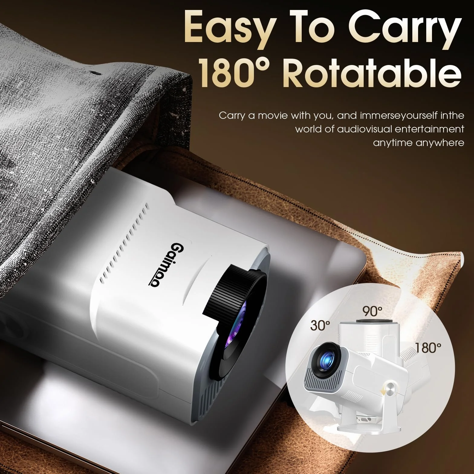 Vidéoprojecteur 1920x1080P FHD 4K Mini Projecteur Portable WiFi 6 BT5.2 Auto Keystone 180° Rotation Blanc