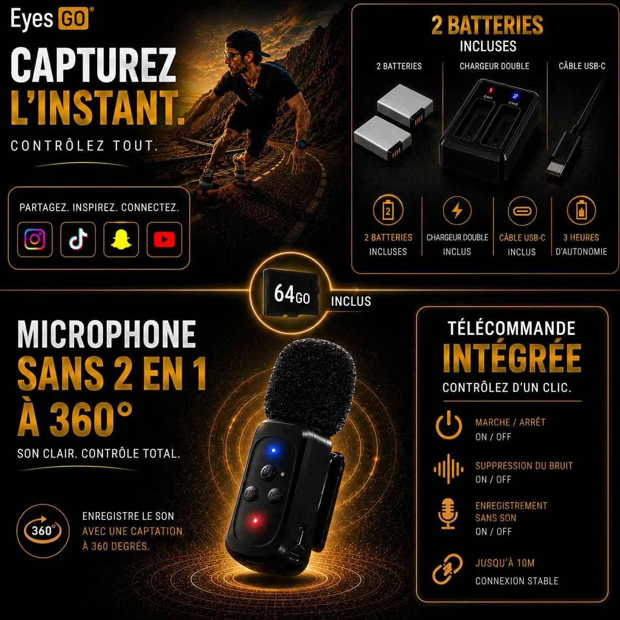 Caméra Sport 5K30fps 4K60fps 120fps 50MP 2 Écrans Tactile Vlog Télécommande Micro 360° Stabilisateur E.I.S 2.0 Étanche 30M Carte SDXC 64Go 2x1350mAh