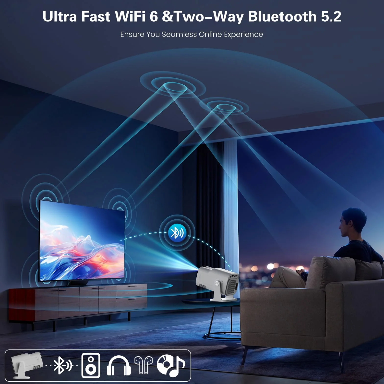 Vidéoprojecteur 4K 1080P Mini Portable WiFi 6 BT 5.4 Full HD Blanc