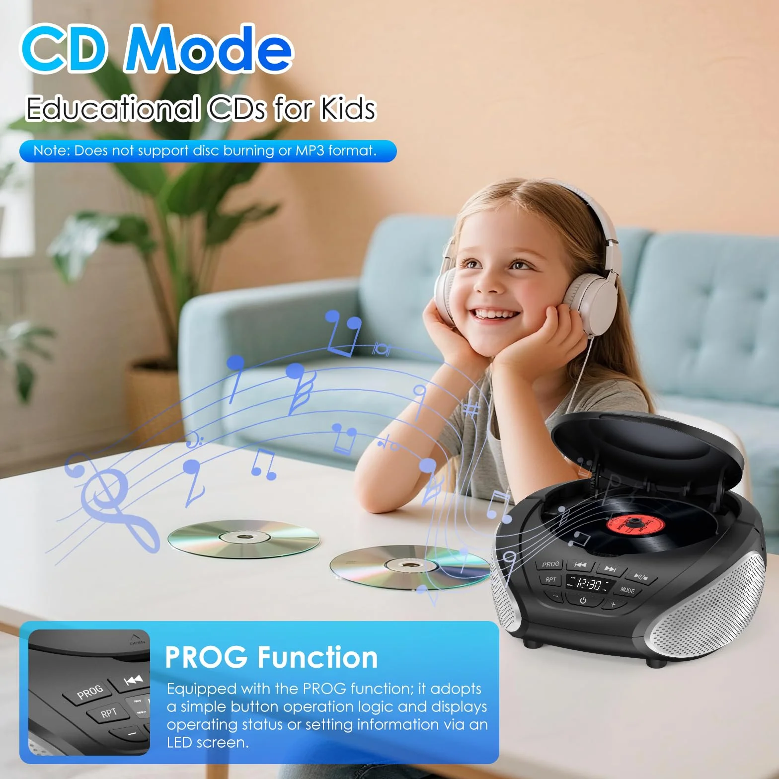 Lecteur CD Portable Boombox Radio FM Stéréo avec Entrée AUX 3,5 mm Jack Casque Écran LCD Noir Argent