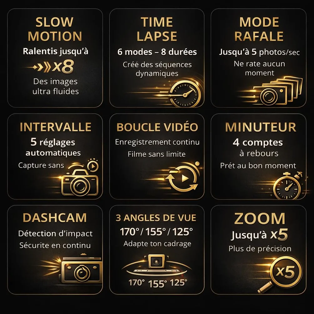 Caméra Sport 5K30fps 4K60fps 120fps 50MP 2 Écrans Tactile Vlog Télécommande Micro 360° Stabilisateur E.I.S 2.0 Étanche 30M Carte SDXC 64Go 2x1350mAh