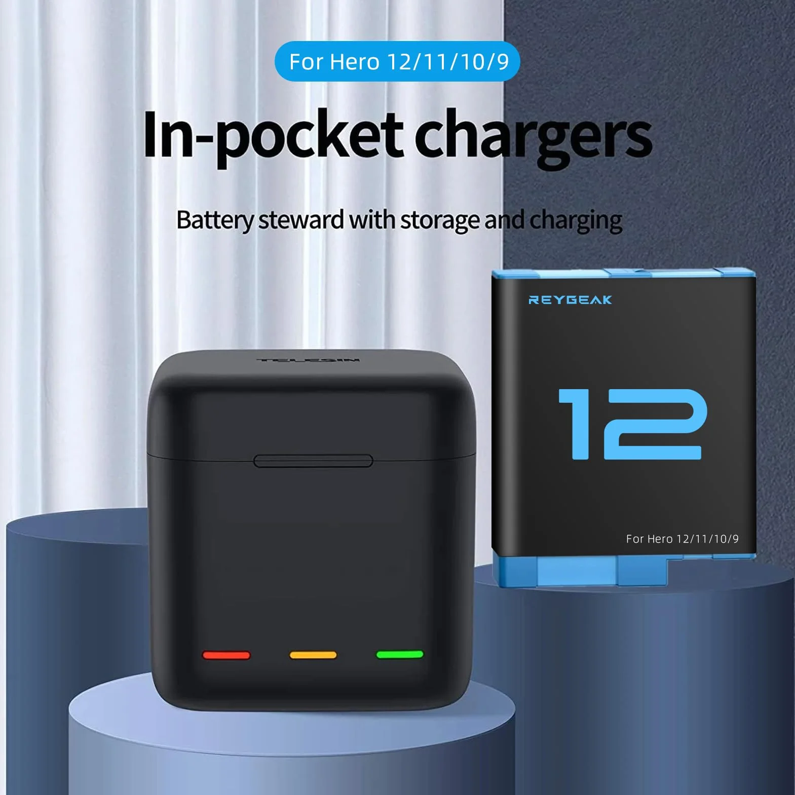 REYGEAK Lot de 2 Batteries et Chargeur Rapide 3 Canaux pour GoPro Hero 12 11 10 9