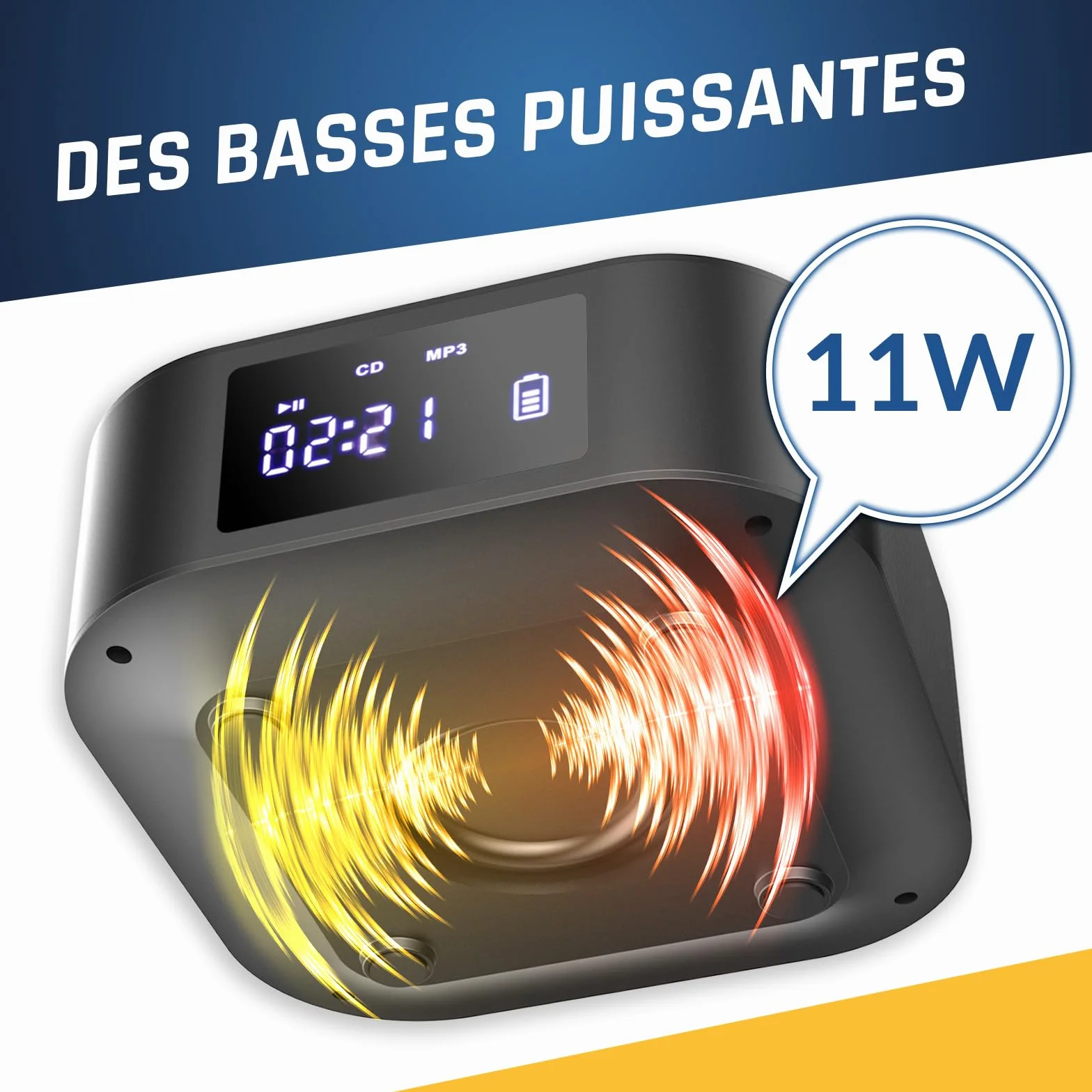 KLIM Boombox E1 Radio CD Portable Extra Bass Subwoofer FM Bluetooth USB MP3 avec Piles Rechargeables Télécommande