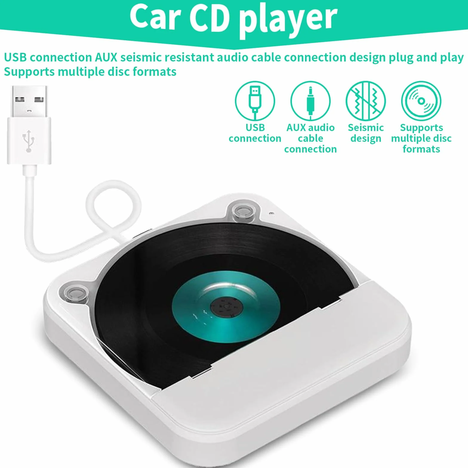 Lecteur CD portable voiture auxiliaire externe blanc télécommande boîte conversion audio USB compatible audio TV