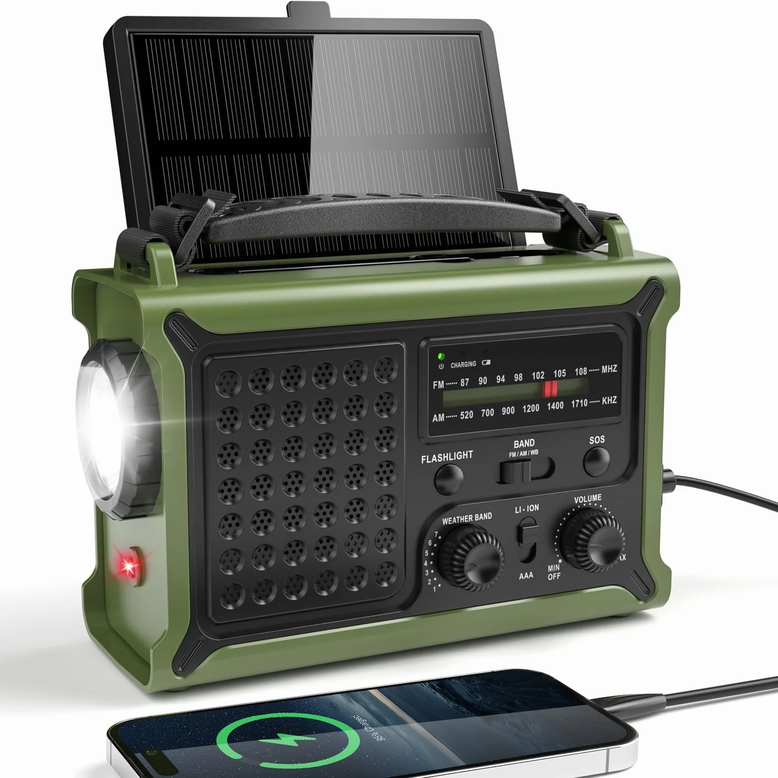 Radio Solaire AM/FM à Manivelle 12000mAh Power Bank, Chargeur Urgence Téléphone, SOS Camping