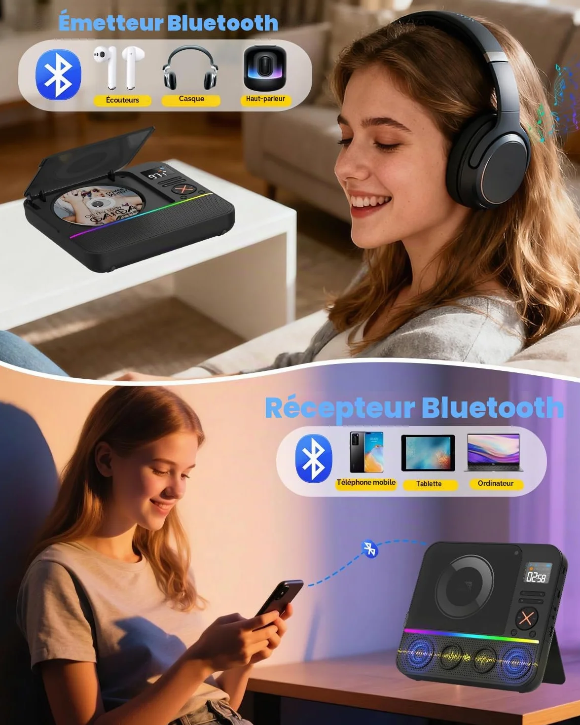 Lecteur CD Portable Bluetooth avec Radio FM, Écran LED RVB, Double Haut-Parleur, Compatible USB/AUX