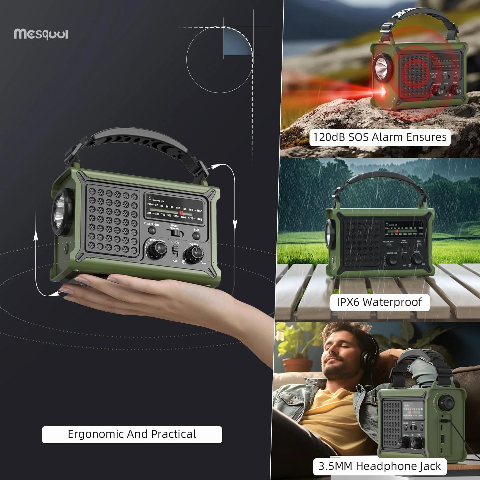 Radio Solaire AM/FM à Manivelle 12000mAh Power Bank, Chargeur Urgence Téléphone, SOS Camping